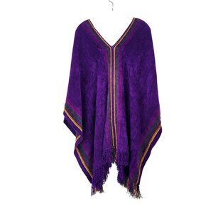 Handwoven Artisan Purple Chenille Poncho With Fringe Trim & Multicolor Stripes